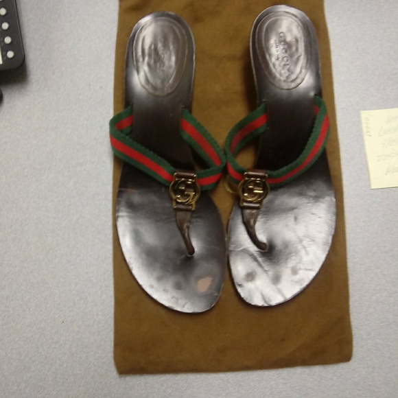 GUCCI BROWN Red/ Green Logo Sandals US 9.5 - Picture 3 of 7